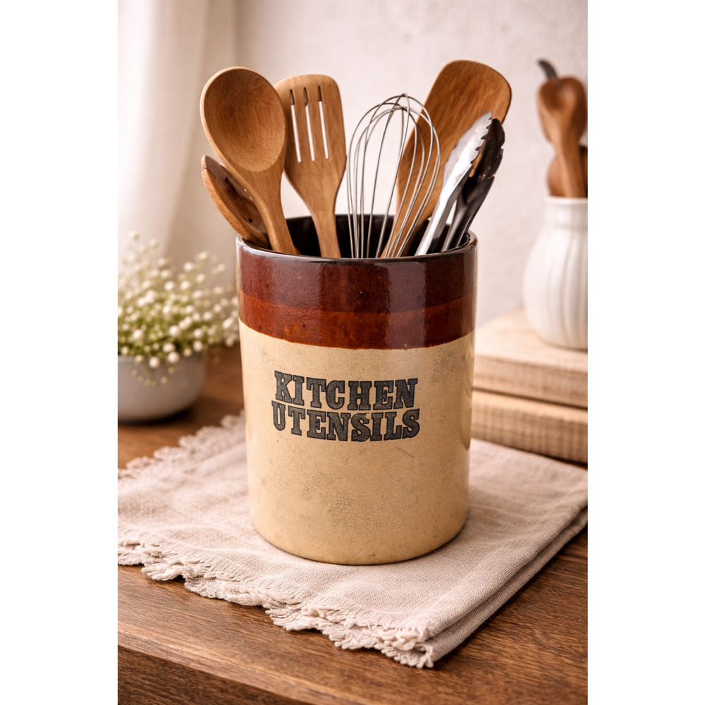 Vintage Stoneware Kitchen Utensil Holder Crock Brown Ombre Rustic Decor
